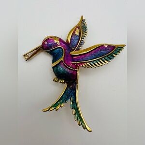 Vintage Colorful Enamel Hummingbird Brooch Gold Tone Bird Pin
